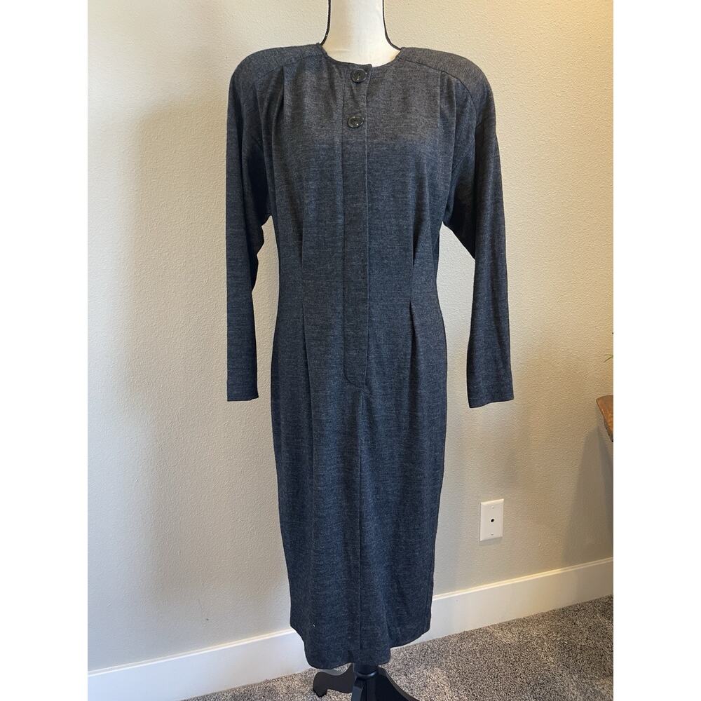 Liz Claiborne Vintage 1/2 Button Wool Blend Charcoal Long Sleeve Dress Size 8